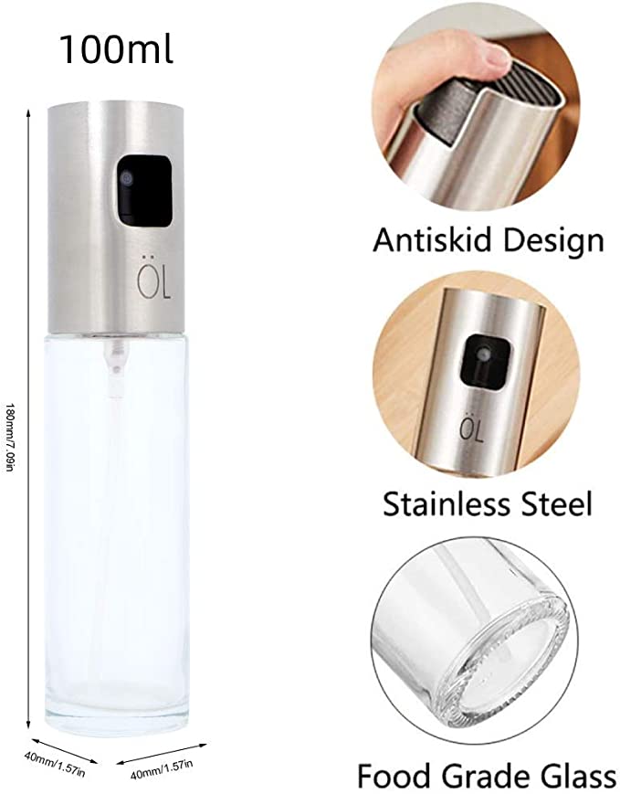 Olive Oil Sprayer, 100ml Stainless Steel Oil Vinegar Spray Bottle Dispenser Seasoning Kettle Kitchen Tool