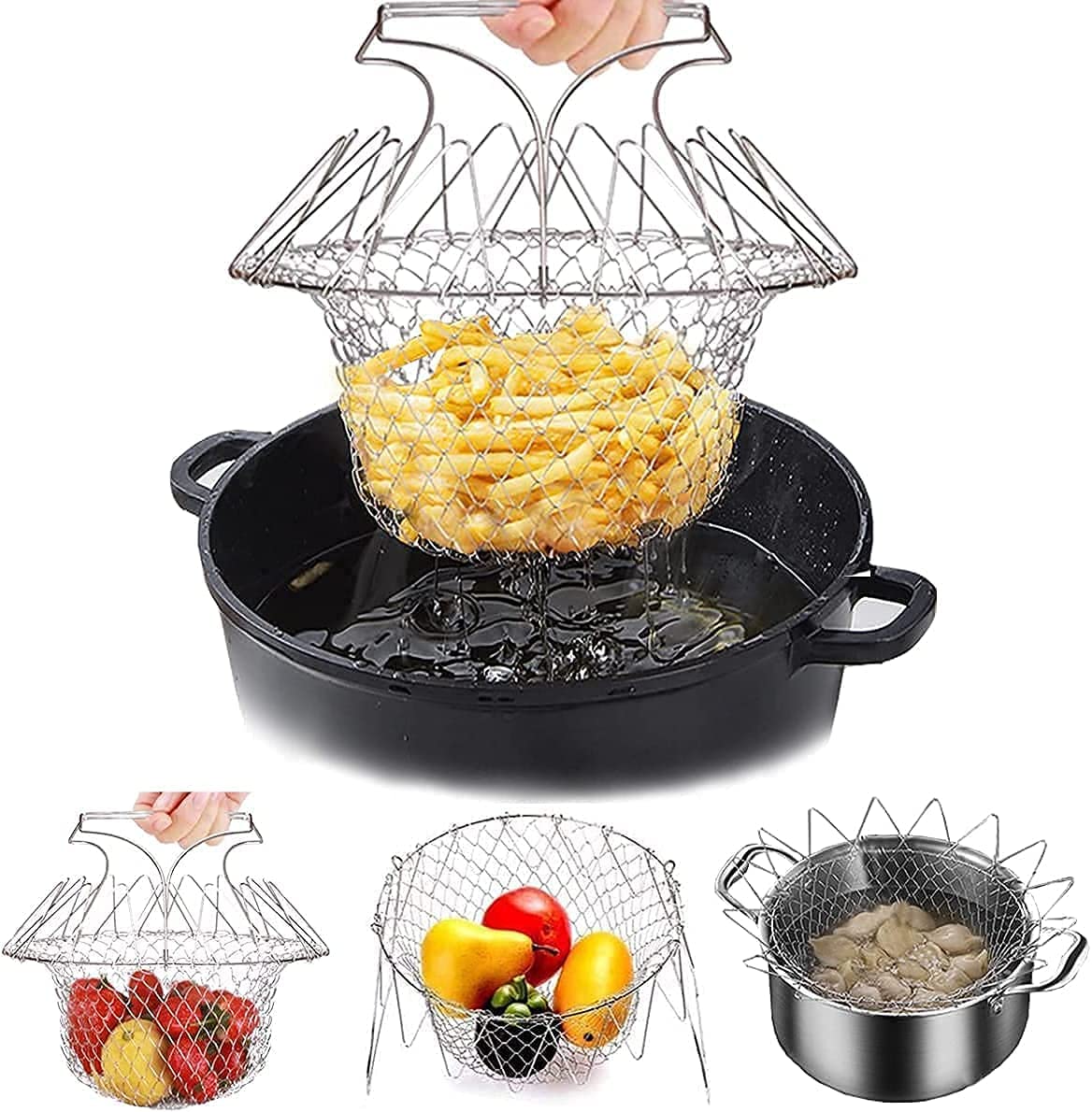 Folding Chef Basket 12 in 1 Kitchen Tool Deluxe Boiler, Steamer, Strainer & Frying