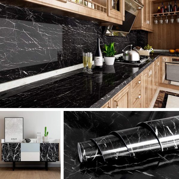 Self Adhesive Black / White Marble Sheet for Kitchen