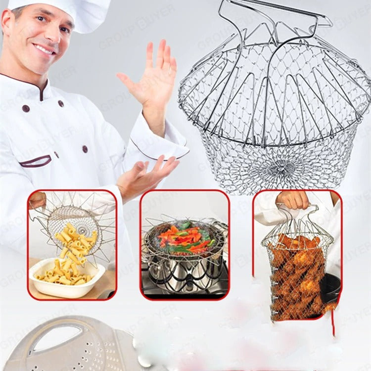 Folding Chef Basket 12 in 1 Kitchen Tool Deluxe Boiler, Steamer, Strainer & Frying