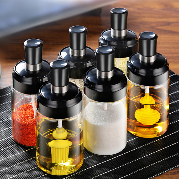 (pack of 3) Glass Seasoning Tank Kitchen Spice Kit Bottles Pepper Spoon Seasoning Jars Oil Brush Honey Container Food Storage Container