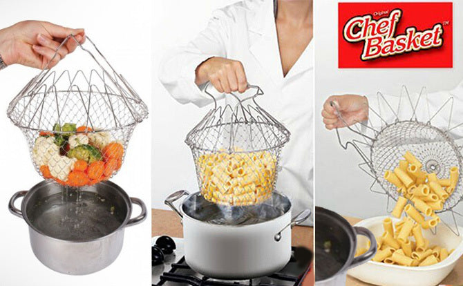 Folding Chef Basket 12 in 1 Kitchen Tool Deluxe Boiler, Steamer, Strainer & Frying