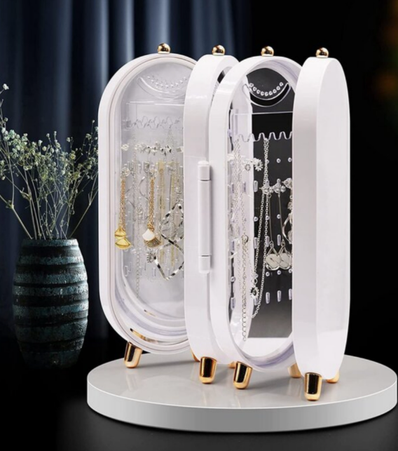 Foldable Jewelry Organizer With Mirror Ear Rings & Necklace_ Hanging Holder Jewelry Box Vanity Hanger Stand