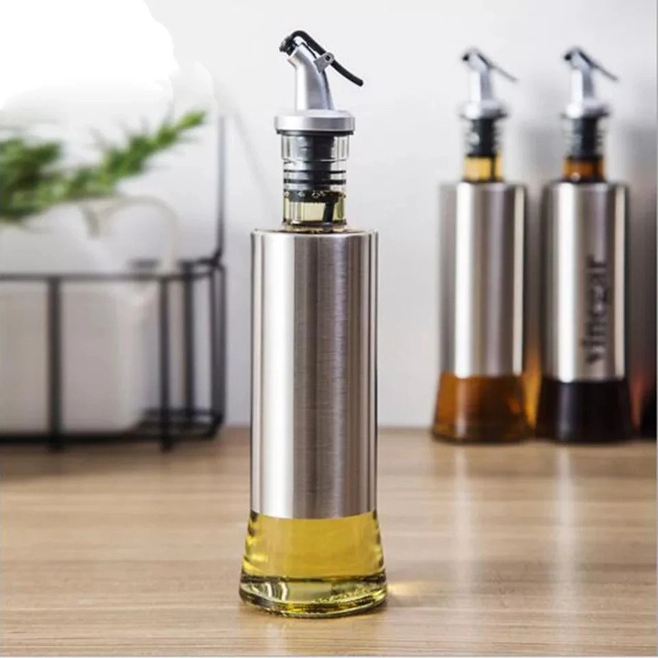 300ml Glass Oil Dispenser Stainless Steel Bottle Kitchen Cooking Oil Vinegar Bottle With Dropper