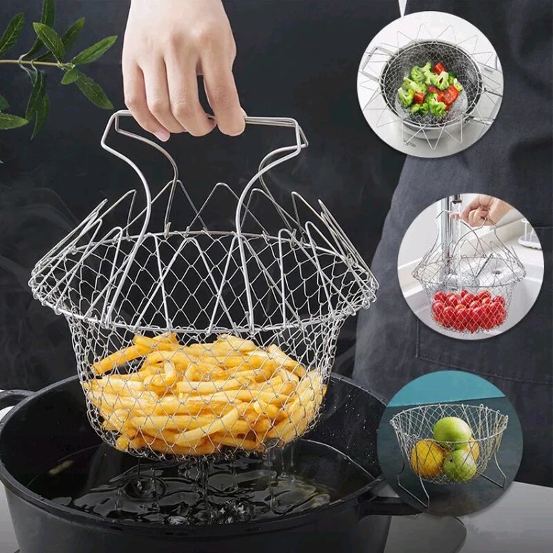 Folding Chef Basket 12 in 1 Kitchen Tool Deluxe Boiler, Steamer, Strainer & Frying